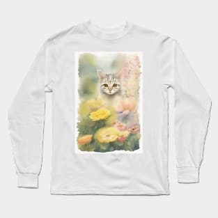 Striped Cat in the Flower Garden Soft Pastel Colors Long Sleeve T-Shirt